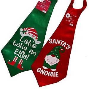 NWT 2 FUN NOVELTY JUMBO‎ CHRISTMAS TIES GNOME AND ELF RED AND GREEN